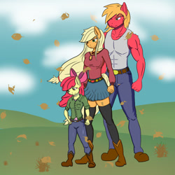 Size: 1024x1025 | Tagged: safe, artist:nwinter3, apple bloom, applejack, big macintosh, anthro, plantigrade anthro, apple siblings, boots, clothes, jeans, leaves, male, pants, shirt, skirt, socks, tanktop, thigh highs, windswept mane