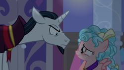 Size: 1280x720 | Tagged: safe, screencap, chancellor neighsay, cozy glow, pegasus, pony, unicorn, school raze, eye contact, female, filly, looking at each other, male, stallion