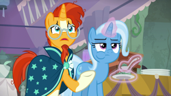 Size: 1920x1080 | Tagged: safe, derpibooru import, screencap, sunburst, trixie, pony, student counsel, eating, magic, spoon