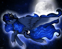 Size: 2000x1570 | Tagged: safe, artist:jess-choco88, princess luna, alicorn, pony, eyes closed, flying, moon, night, solo