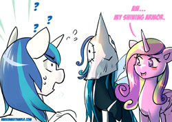 Size: 700x495 | Tagged: safe, artist:bakki, princess cadance, queen chrysalis, shining armor, alicorn, changeling, changeling queen, pony, unicorn, 30 minute art challenge, :>, blushing, cadance is a goddamn moron, confused, idiot, open mouth, paper-thin disguise, question mark, smiling, spot the imposter, spy, wide eyes