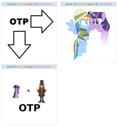 Size: 527x568 | Tagged: safe, derpibooru import, rainbow dash, twilight sparkle, pegasus, pony, costume, crack shipping, exploitable meme, hershel layton, juxtaposition, juxtaposition win, otp, professor layton, wat