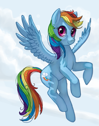 Size: 555x700 | Tagged: safe, artist:dimespin, rainbow dash, pegasus, pony, cloud, female, flying, looking at you, mare, sky, smiling, solo