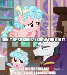 Size: 500x562 | Tagged: safe, edit, edited screencap, screencap, chancellor neighsay, cozy glow, pegasus, pony, school raze, biting, engrish, female, filly, grammar error, hoof biting, image macro, meme, text