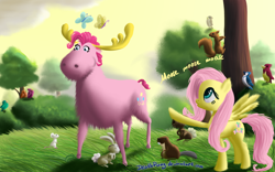 Size: 1000x625 | Tagged: safe, artist:deathpwny, fluttershy, pinkie pie, beaver, bird, moose, rabbit, look a moose, species swap