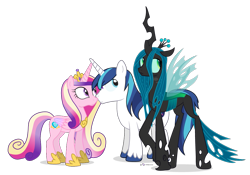 Size: 1005x705 | Tagged: safe, artist:dm29, princess cadance, queen chrysalis, shining armor, alicorn, changeling, changeling queen, pony, unicorn, chrysarmordance, cute, cutealis, female, frown, inconvenient chrysalis, lesbian, looking away, shining armor gets all the mares, shipping, simple background, third wheel, transparent background, trio, vector, wide eyes