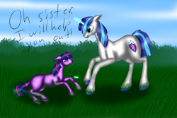 Size: 4320x2880 | Tagged: safe, artist:crazyaniknowit, artist:turrkoise, shining armor, twilight sparkle, pony, unicorn, bandaid, blank flank, crying, floppy ears, frown, glowing horn, grass, injured, magic, prone, sad, smiling, telekinesis, younger