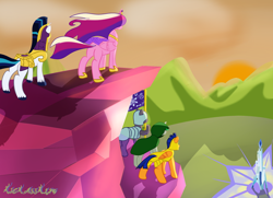 Size: 1024x742 | Tagged: safe, artist:kickassking, clover the clever, flash sentry, princess cadance, shining armor, alicorn, pony, unicorn, armor, cloak, clothes, crystal empire, crystal empire flag, crystal guard, crystal guard armor, flag, windswept mane