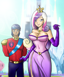 Size: 1908x2308 | Tagged: safe, artist:chillguydraws, princess cadance, shining armor, human, big breasts, breasts, cleavage, clothes, crown, crystal empire, dress, evening gloves, female, gloves, humanized, jewelry, long gloves, looking at you, male, princess cansdance, regalia, shiningcadance, shipping, smiling, straight, uniform