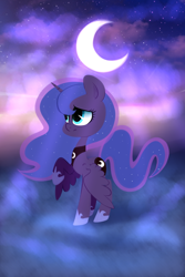 Size: 1024x1536 | Tagged: safe, artist:pinipy, princess luna, alicorn, pony, beautiful, chibi, crescent moon, dark, dark sky, lineless, minimal, moon, night, raised hoof, scenery, sky, solo, stars