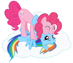 Size: 757x656 | Tagged: dead source, safe, artist:federalelephant, pinkie pie, rainbow dash, earth pony, pegasus, pony, cloud, eyes closed, female, kissing, lesbian, mouth to mouth, pinkiedash, puffy cheeks, shipping
