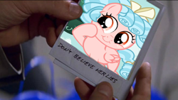 Size: 1050x591 | Tagged: safe, screencap, cozy glow, pegasus, pony, don't believe her lies, exploitable meme, female, filly, irl, meme, memento, photo, polaroid, pure concentrated unfiltered evil of the utmost potency