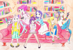 Size: 900x616 | Tagged: safe, artist:jess93, derpibooru import, applejack, fluttershy, pinkie pie, rainbow dash, spike, twilight sparkle, clothes, converse, dress, humanized, mane seven, shoes, skirt