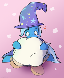 Size: 850x1034 | Tagged: safe, artist:fuzzypones, derpibooru import, trixie, blush sticker, blushing, female, food, hat, popcorn, solo, surprised