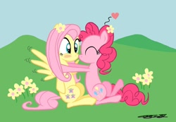 Size: 1330x920 | Tagged: safe, artist:willisninety-six, fluttershy, pinkie pie, earth pony, pegasus, pony, eyes closed, female, flower, flutterpie, heart, kissing, lesbian, shipping, wingboner