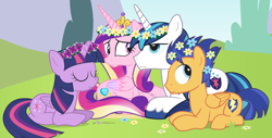 Size: 1040x530 | Tagged: safe, artist:dm29, flash sentry, princess cadance, shining armor, twilight sparkle, twilight sparkle (alicorn), alicorn, pony, unicorn, disgruntled, female, floral head wreath, flower in hair, mare