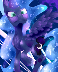 Size: 1024x1280 | Tagged: safe, artist:journeydraws, princess luna, alicorn, pony, looking at you, solo, spread wings, unamused