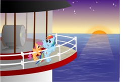 Size: 3058x2010 | Tagged: safe, artist:crimsonlynx97, rainbow dash, scootaloo, pegasus, pony, high res, lighthouse, ocean, scootalove, sunset