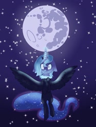 Size: 2424x3224 | Tagged: safe, artist:magiak416, princess luna, alicorn, pony, floppy ears, flying, magic, mare in the moon, moon, s1 luna, solo, stars