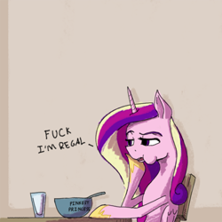 Size: 500x500 | Tagged: safe, artist:nivrozs, princess cadance, alicorn, pony, bowl, breakfast, cereal, eating, leaning, milk, open mouth, puffy cheeks, regal, sitting, solo, vulgar
