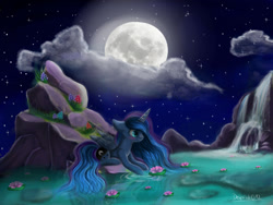 Size: 800x600 | Tagged: safe, artist:derpiak012, princess luna, alicorn, pony, blushing, cloud, full moon, lake, moon, night, prone, solo, waterfall, waterlily