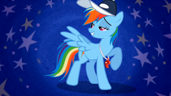 Size: 1280x720 | Tagged: safe, artist:mezkalito4p, screencap, rainbow dash, pegasus, pony, may the best pet win, bedroom eyes, cap, female, hat, mare, pose, solo, whistle, whistle necklace