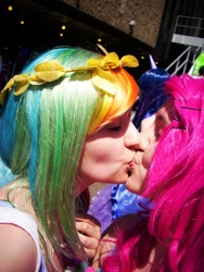 Size: 612x816 | Tagged: safe, artist:sukistar, pinkie pie, rainbow dash, human, cosplay, female, irl, irl human, kissing, lesbian, photo, pinkiedash, shipping