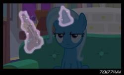 Size: 640x388 | Tagged: safe, derpibooru import, edit, edited screencap, editor:teren rogriss, screencap, trixie, pony, unicorn, student counsel, cz 75, darkness, female, frown, glowing horn, gun, handgun, hooves, horn, levitation, low light, magic, mare, pistol, sitting, sofa, solo, telekinesis, weapon