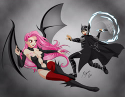 Size: 2786x2153 | Tagged: safe, artist:shinta-girl, fluttershy, oc, bat pony, vampire, equestria girls, alternative cutie mark placement, armor, bat ears, bat wings, belly button, boots, breasts, cape, clothes, commission, couple, crest, fangs, female, fight, fingernails, flutterbat, hammer, humanized, lightning, lipstick, race swap, signature, smiling, socks, thigh highs, transparent wings, warrior, white eyes