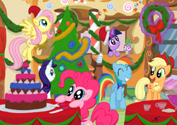 Size: 4212x2976 | Tagged: safe, artist:template93, derpibooru import, applejack, fluttershy, pinkie pie, rainbow dash, rarity, spike, twilight sparkle, dragon, earth pony, pegasus, pony, unicorn, cake, mane seven, party