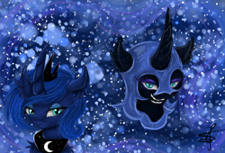 Size: 2000x1360 | Tagged: safe, artist:charlottelanoire, nightmare moon, princess luna, alicorn, pony, crown, duo, duo female, female, horn, mare