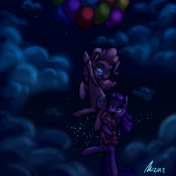 Size: 1200x1200 | Tagged: safe, artist:rwl, derpibooru import, pinkie pie, twilight sparkle, earth pony, pony, balloon, cloud, cloudy, female, floating, flying, lesbian, low light, night, night sky, shipping, sky, stars, then watch her balloons lift her up to the sky, twinkie