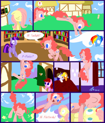 Size: 1050x1225 | Tagged: safe, artist:rwl, derpibooru import, applejack, fluttershy, pinkie pie, rainbow dash, rarity, twilight sparkle, earth pony, pegasus, pony, unicorn, comic, female, flutterpie, hug, lesbian, rarijack, shipping