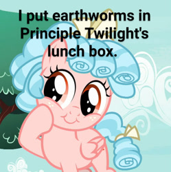 Size: 896x899 | Tagged: safe, edit, edited screencap, screencap, cozy glow, pegasus, pony, marks for effort, bow, cozybetes, cropped, cute, evil, female, filly, foal, grammar error, hair bow, ringlets, she's evil, tail bow