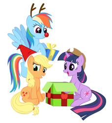 Size: 2000x2193 | Tagged: safe, artist:takua770, derpibooru import, applejack, rainbow dash, twilight sparkle, earth pony, pegasus, pony, accessory swap, christmas, holiday, rudolph dash, rudolph nose