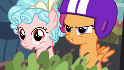 Size: 1280x720 | Tagged: safe, screencap, cozy glow, scootaloo, pegasus, pony, marks for effort, bow, duo, female, filly, foal, food, fruit, hair bow, helmet, market, pear, ringlets