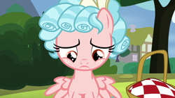 Size: 1280x720 | Tagged: safe, screencap, cozy glow, pegasus, pony, marks for effort, basket, female, filly, foal, frown, looking down, picnic basket, ringlets, sad, solo