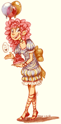 Size: 660x1346 | Tagged: safe, artist:steeve, pinkie pie, balloon, cake, clothes, dress, food, heart, humanized, skinny, traditional art