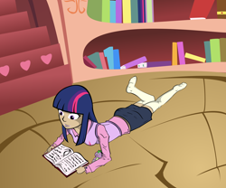 Size: 3600x3000 | Tagged: safe, artist:necroex, derpibooru import, spike, twilight sparkle, book, clothes, golden oaks library, humanized, missing shoes, socks