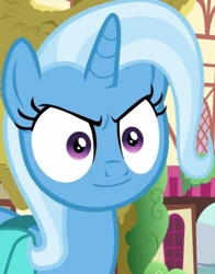 Size: 565x722 | Tagged: safe, derpibooru import, edit, edited screencap, screencap, trixie, pony, student counsel, >:), cropped, evil grin, grin, inverted mouth, meme, smiling, smirk, special eyes, stare, trixie is amused