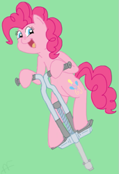 Size: 381x557 | Tagged: safe, artist:hamflo, pinkie pie, earth pony, pony, female, mare, pink coat, pink mane, pogo stick, solo