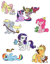 Size: 1024x1294 | Tagged: safe, artist:kukimao, derpibooru import, angel bunny, applejack, derpy hooves, fluttershy, gummy, opalescence, owlowiscious, pinkie pie, rainbow dash, rarity, spike, twilight sparkle, winona, dragon, earth pony, pegasus, pony, unicorn, female, mane seven, mane six, mare, muffin, pets