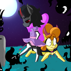 Size: 500x500 | Tagged: safe, artist:dragonpone, derpibooru exclusive, carrot top, golden harvest, king sombra, pony, bipedal, cape, clothes, costume, crossdressing, crying, curved horn, devil horns, devil tail, dress, duo, evening gloves, evil, evil grin, eyes closed, frown, full moon, gloves, gravestone, grin, kicking, lidded eyes, looking down, moon, night, nightmare night, nightmare night costume, ponies riding ponies, scared, smiling, socks, stars, sweat, tentacles, thigh highs, tongue out, wide eyes