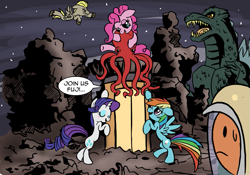 Size: 1253x875 | Tagged: safe, artist:bronycurious, pinkie pie, rainbow dash, rarity, oc, earth pony, kaiju, pegasus, pony, unicorn, crossover, fuji, godzilla, godzilla (series), oodako, planet x, wat