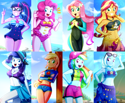 Size: 3280x2720 | Tagged: safe, artist:the-butch-x, derpibooru import, edit, part of a set, applejack, fluttershy, pinkie pie, rainbow dash, rarity, sci-twi, sunset shimmer, trixie, twilight sparkle, better together, equestria girls, forgotten friendship, adorasexy, adorkable, applejack's hat, applerack, armpits, attached skirt, bare shoulders, beach, beach babe, beautiful, beautisexy, belly button, big breasts, bikini, bikini babe, blue swimsuit, blushing, bow swimsuit, breasts, busty sci-twi, cap, cleavage, clothes, cloud, collage, commission, cowboy hat, crepuscular rays, crossed legs, cute, dashabetes, diapinkes, diatrixes, diving suit, dork, female, freckles, frilled swimsuit, geode of shielding, geode of super speed, geode of super strength, geode of telekinesis, glasses, grin, hand on hip, happy, hat, headlight sparkle, hootershy, jewelry, lens flare, looking at you, magical geodes, midriff, necklace, one-piece swimsuit, open mouth, peace sign, pink swimsuit, ponytail, pretty, raribetes, raritits, sarong, sexy, shimmerbetes, shorts, shyabetes, signature, skirt, sky, smiling, speedpaint available, stetson, striped swimsuit, stupid sexy fluttershy, stupid sexy rainbow dash, stupid sexy rarity, summer sunset, sun hat, sunglasses, sunset jiggler, swimsuit, thighs, tricolor swimsuit, twiabetes, underass, wall of tags, wetsuit