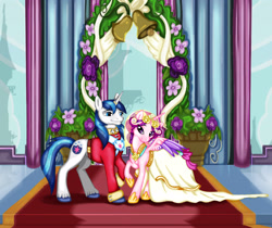 Size: 2871x2406 | Tagged: safe, artist:shimmycocopuffssx1, princess cadance, shining armor, alicorn, pony, unicorn, a canterlot wedding, clothes, dress, scene interpretation, wedding dress