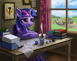 Size: 3508x2780 | Tagged: safe, artist:vombavr, derpibooru import, twilight sparkle, book, bored, curtains, desk, diploma, dump truck, ink, office, paper, picture, quill, stamp, steam roller, vehicle, window