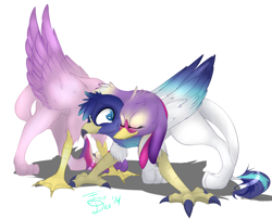 Size: 2279x1843 | Tagged: safe, artist:farewelldecency, princess cadance, shining armor, griffon, colored claws, eyes closed, female, griffonized, male, my little griffon, neck hug, shiningcadance, shipping, signature, simple background, smiling, species swap, straight, white background