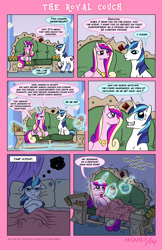 Size: 792x1224 | Tagged: safe, artist:henbe, princess cadance, shining armor, alicorn, pony, unicorn, awesome furniture, bed, cider, comic, comic book, ice cream, peanut, sofa, this will end in weight gain