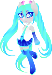 Size: 460x663 | Tagged: safe, artist:matteglaze, anthro, blushing, clothes, hatsune miku, pigtails, simple background, socks, solo, thigh highs, transparent background, vocaloid